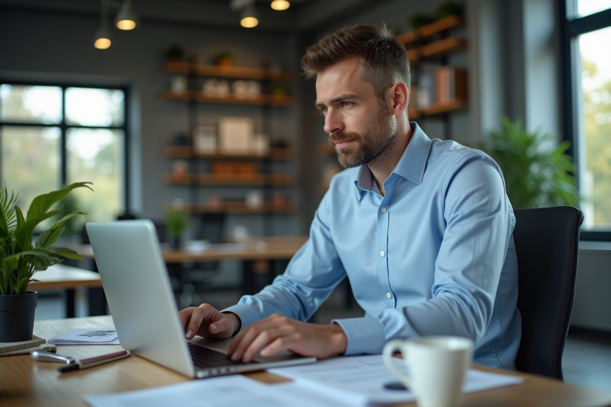 Homme professionnel travaillant sur un ordinateur dans un bureau moderne