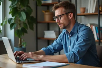 Homme d'âge moyen dans un bureau à domicile examinent des fichiers