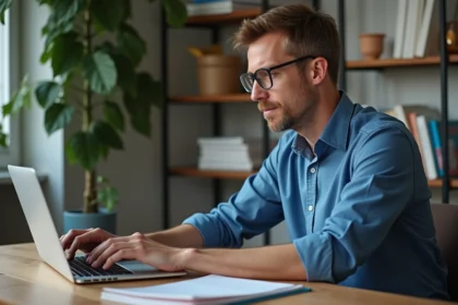 Homme d'âge moyen dans un bureau à domicile examinent des fichiers