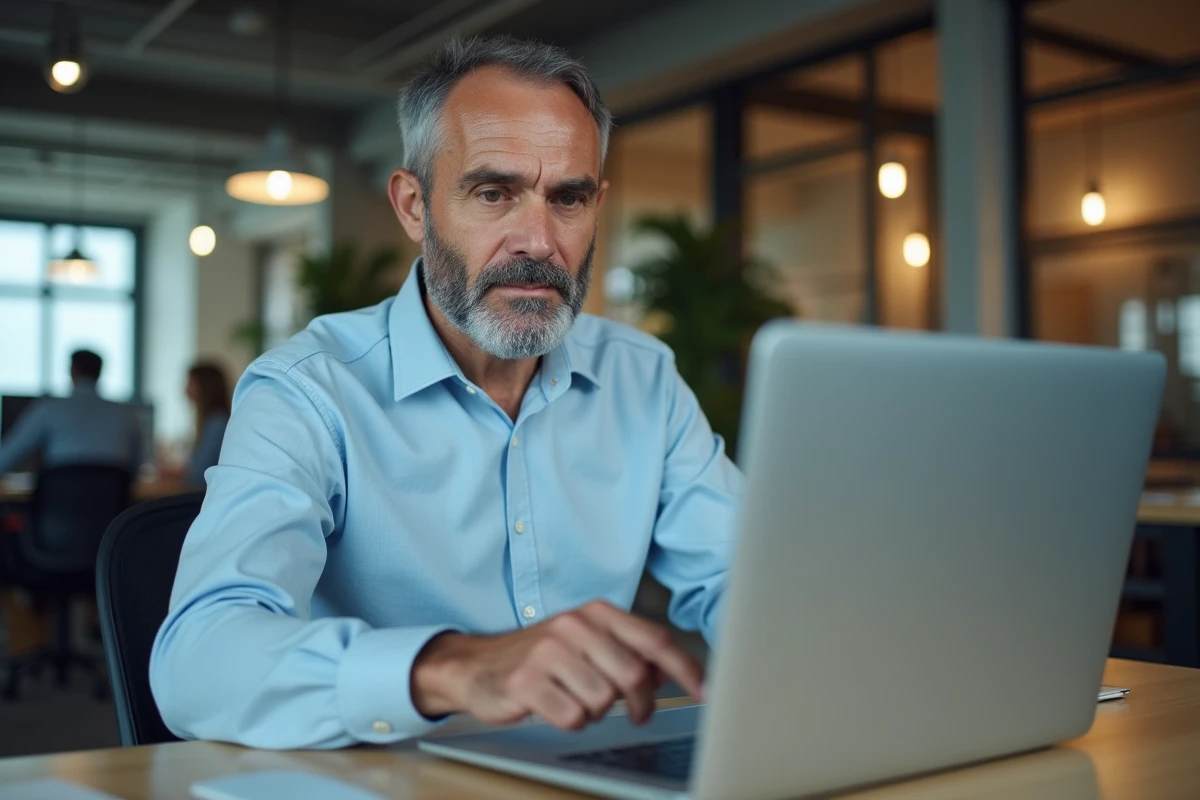 Homme en bureau appuyant sur la touche Alt Gr pour saisir le signe arobase sur un ordinateur portable
