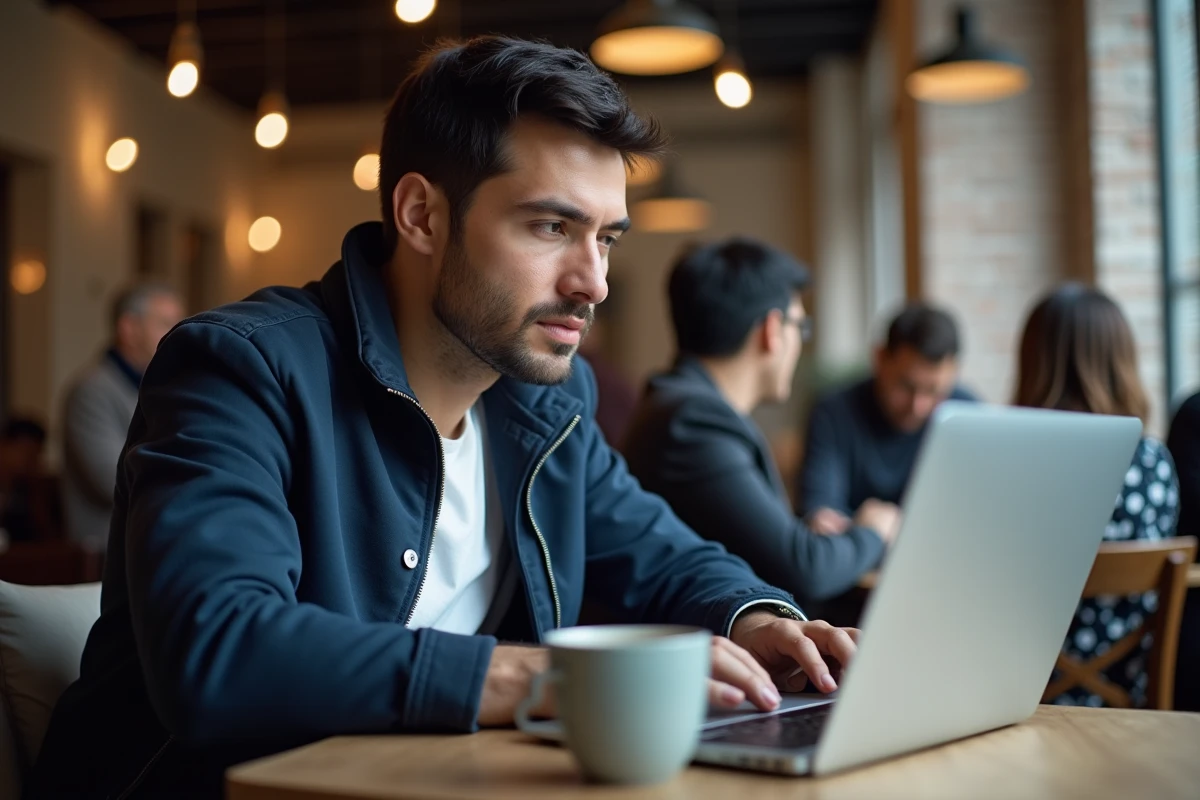 Homme dans un café urbain consultant Google USA sur son ordinateur portable, illustrant l'accès libre à la version américaine du moteur de recherche