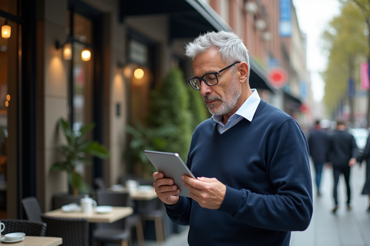 Homme lisant la news sur une tablette dans un café urbain