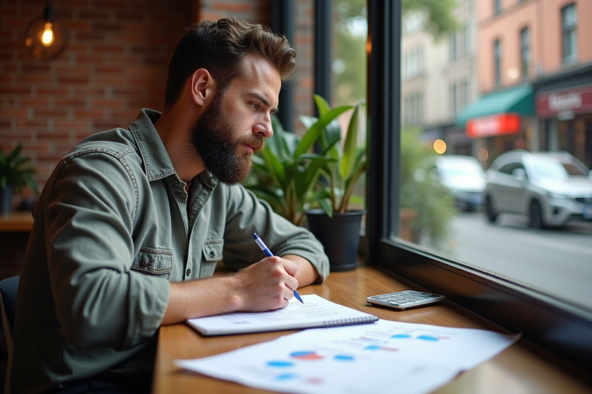 Homme avec barbe prenant des notes dans un café avec des diagrammes SEO