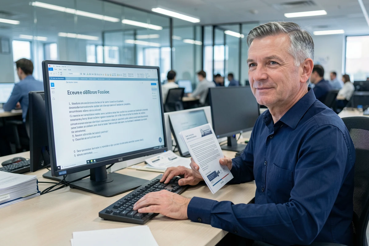 Homme configurant les caractères accentués sur un clavier AZERTY dans un bureau en open space