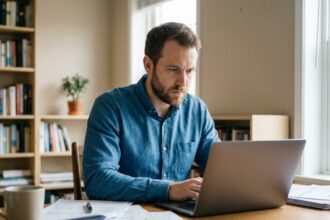 Homme préparant ses contrats administratifs sur ordinateur avant un départ à l'étranger depuis son bureau à domicile