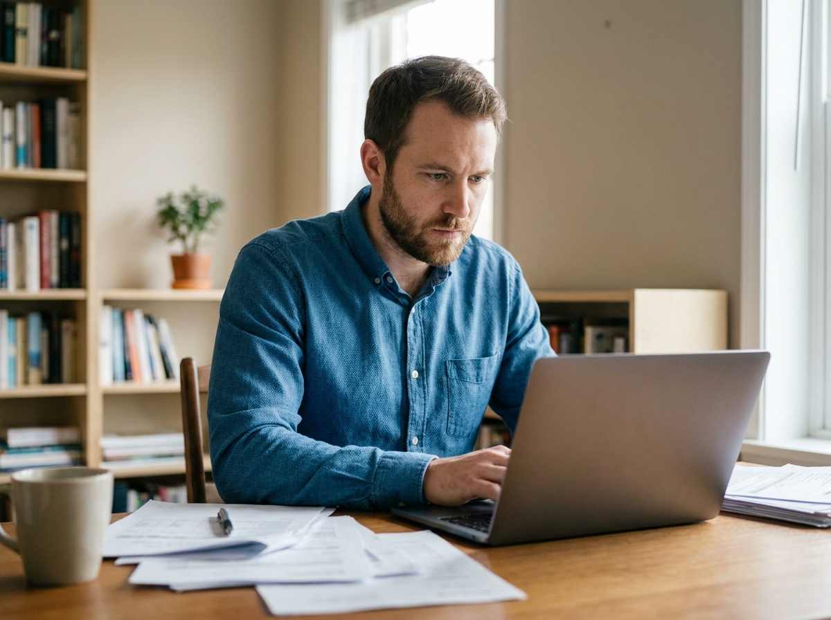 Homme préparant ses contrats administratifs sur ordinateur avant un départ à l'étranger depuis son bureau à domicile