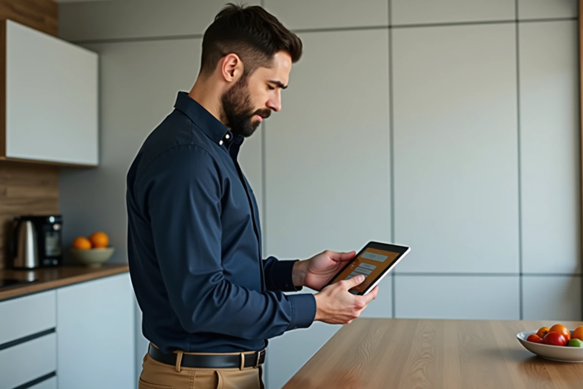 Homme dans la cuisine vérifiant ses factures sur une tablette