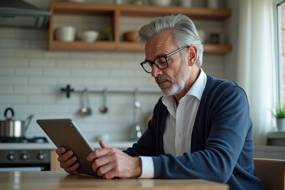 Homme dans la cuisine utilisant une tablette avec Chrome