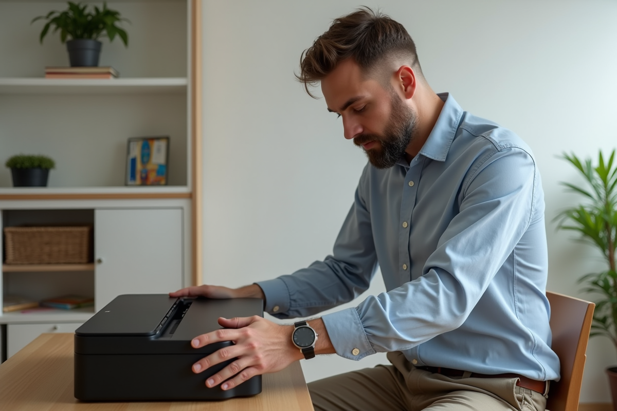 Homme déballant une imprimante à la maison sur un bureau