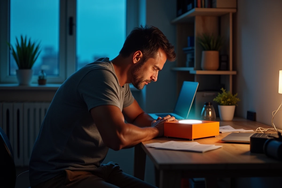 Homme examinant une box internet dans un bureau à domicile