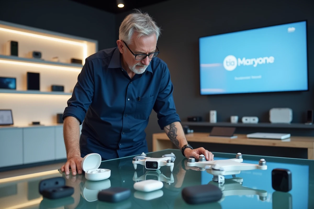 Homme examinant les derniers gadgets high-tech dans un showroom technologique contemporain