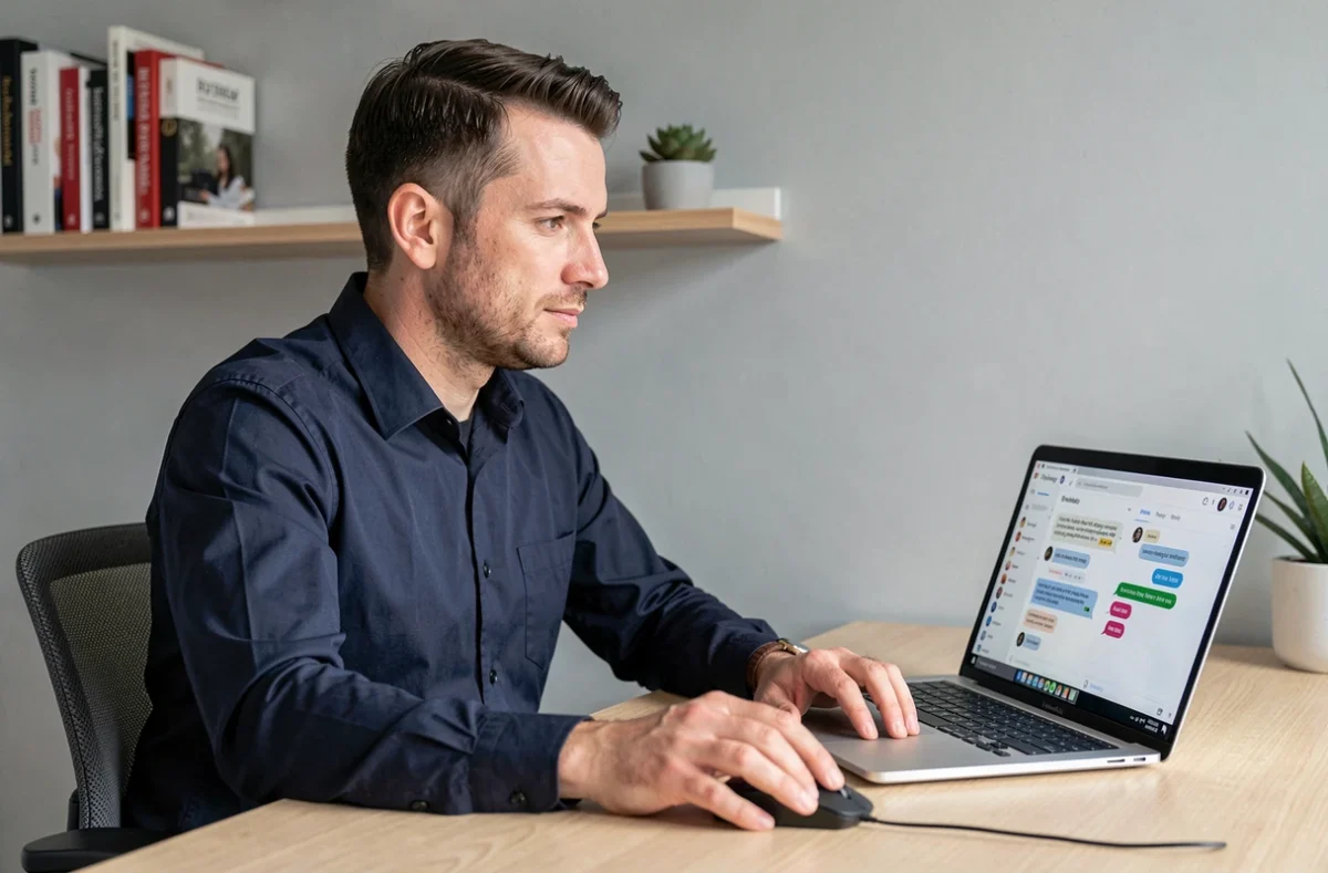 Homme gérant ses contacts sur Messenger depuis un ordinateur portable au bureau