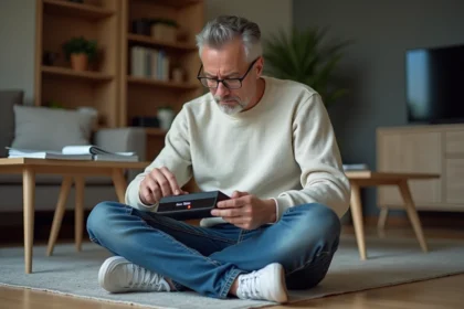 Homme d'âge moyen inspectant une Freebox avec erreur 20
