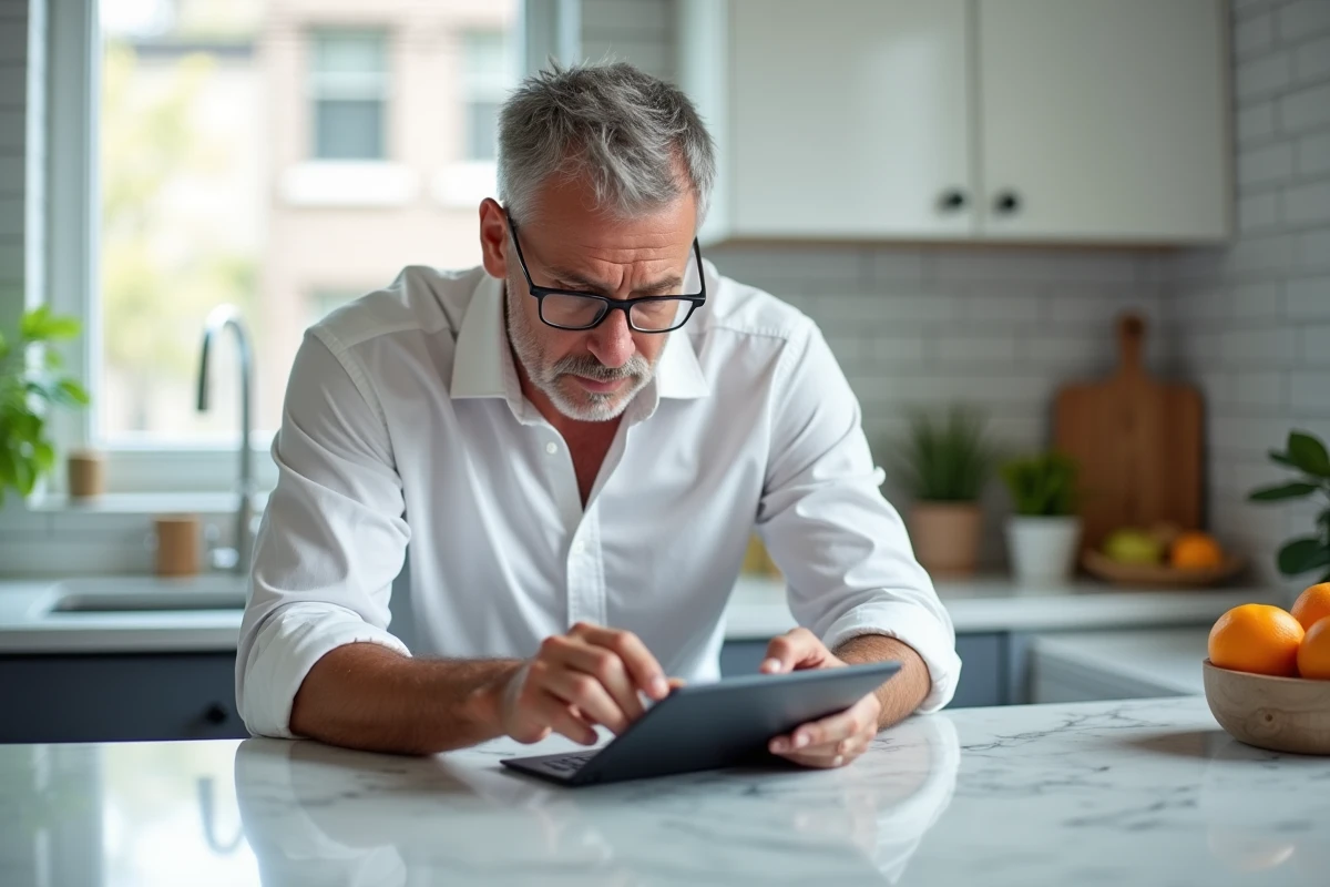 Homme d'âge mûr consultant un navigateur web gratuit sur une tablette dans une cuisine moderne