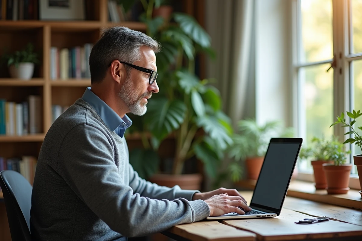 Homme d âge moyen utilisant un enregistreur numérique à la maison