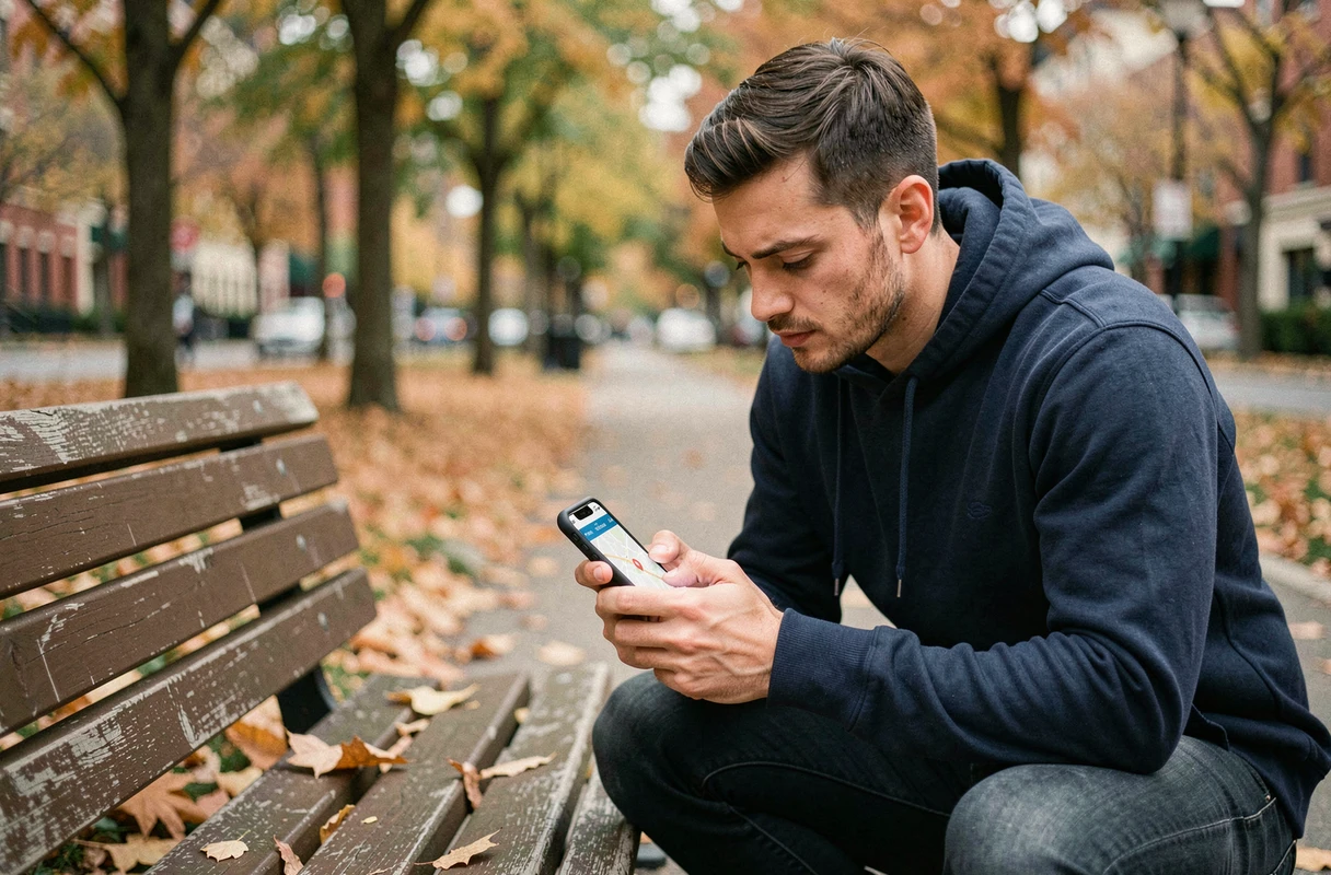 Homme dans un parc utilisant iPhone pour retrouver un appareil perdu avec Find My iCloud