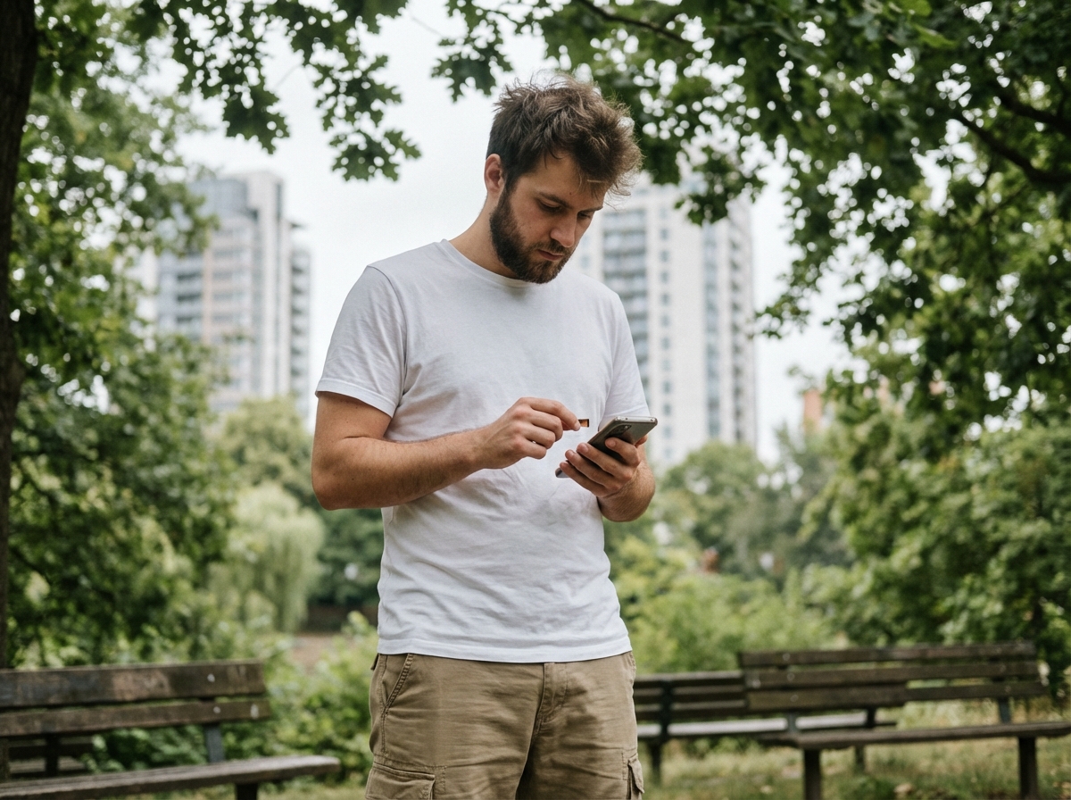 Jeune homme changeant de carte SIM dans un parc