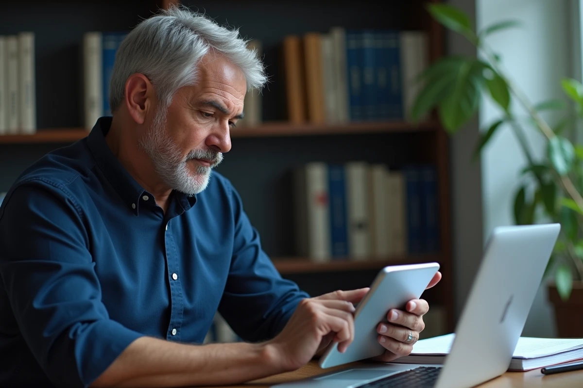 Homme utilisant une application de récupération de données sur tablette dans un bureau à domicile