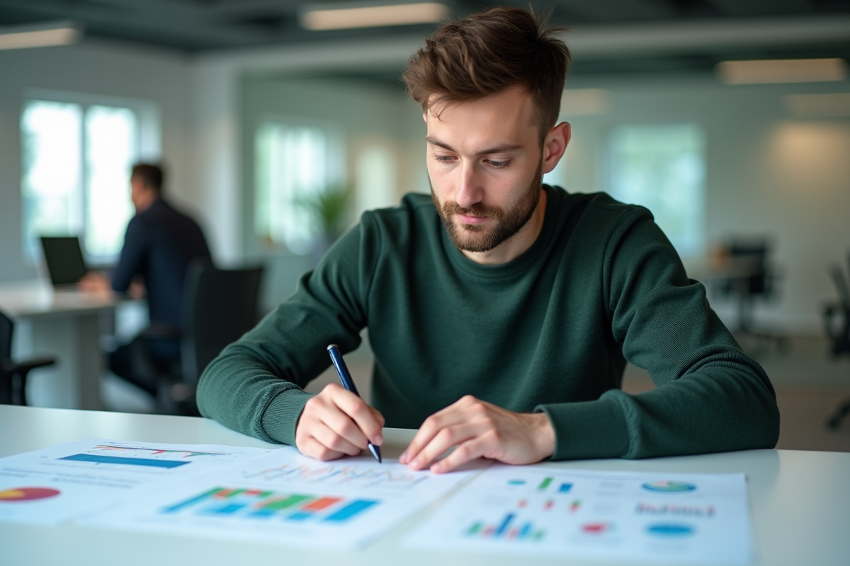 Jeune homme analysant des diagrammes sur une table de réunion moderne