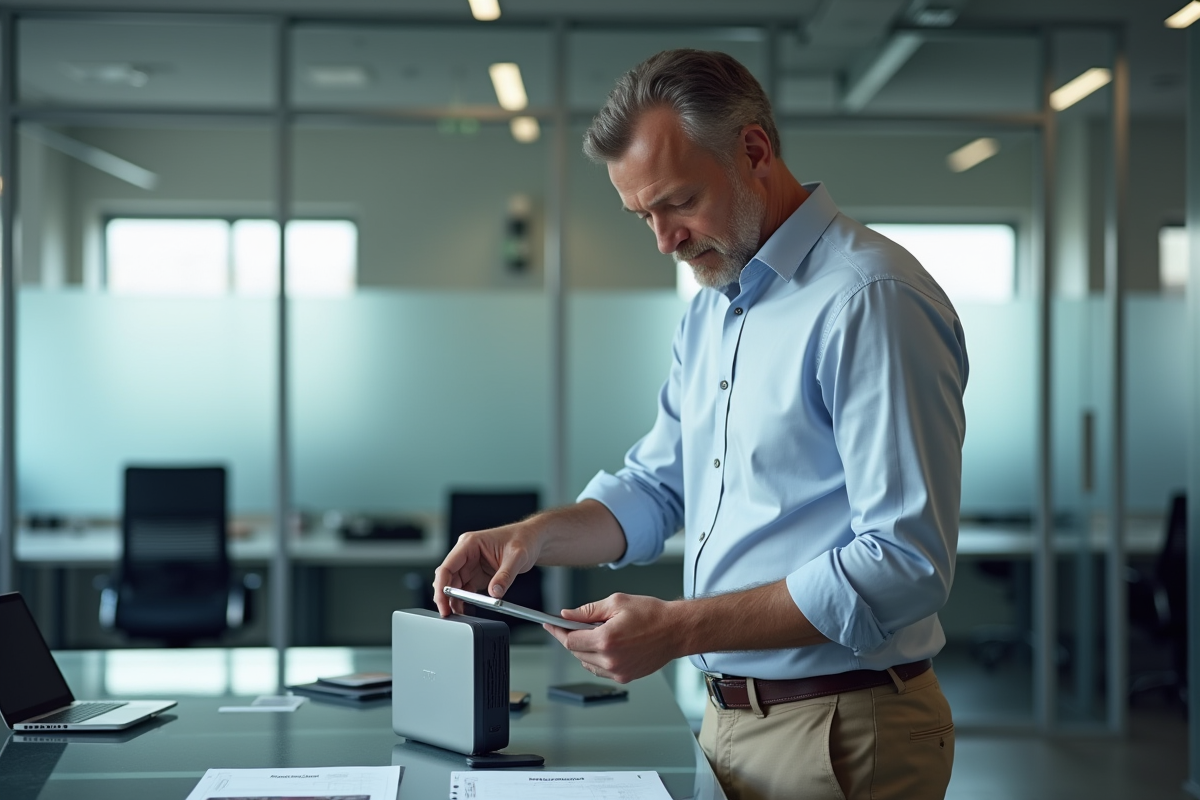 Homme vérifiant un routeur WiFi dans un bureau professionnel