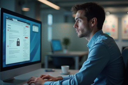 Jeune homme en bureau regardant un écran avec cadenas SSL
