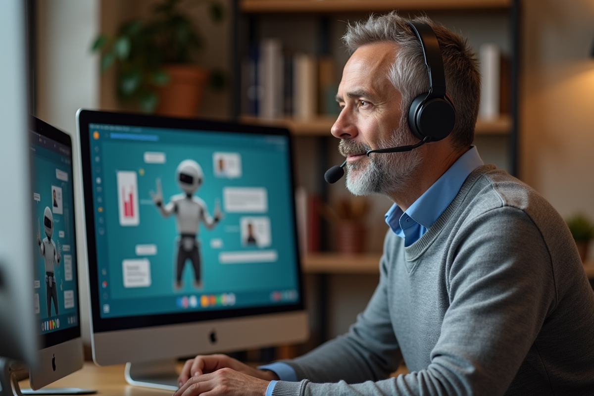 Homme en home office interagissant avec un chatbot sur son écran
