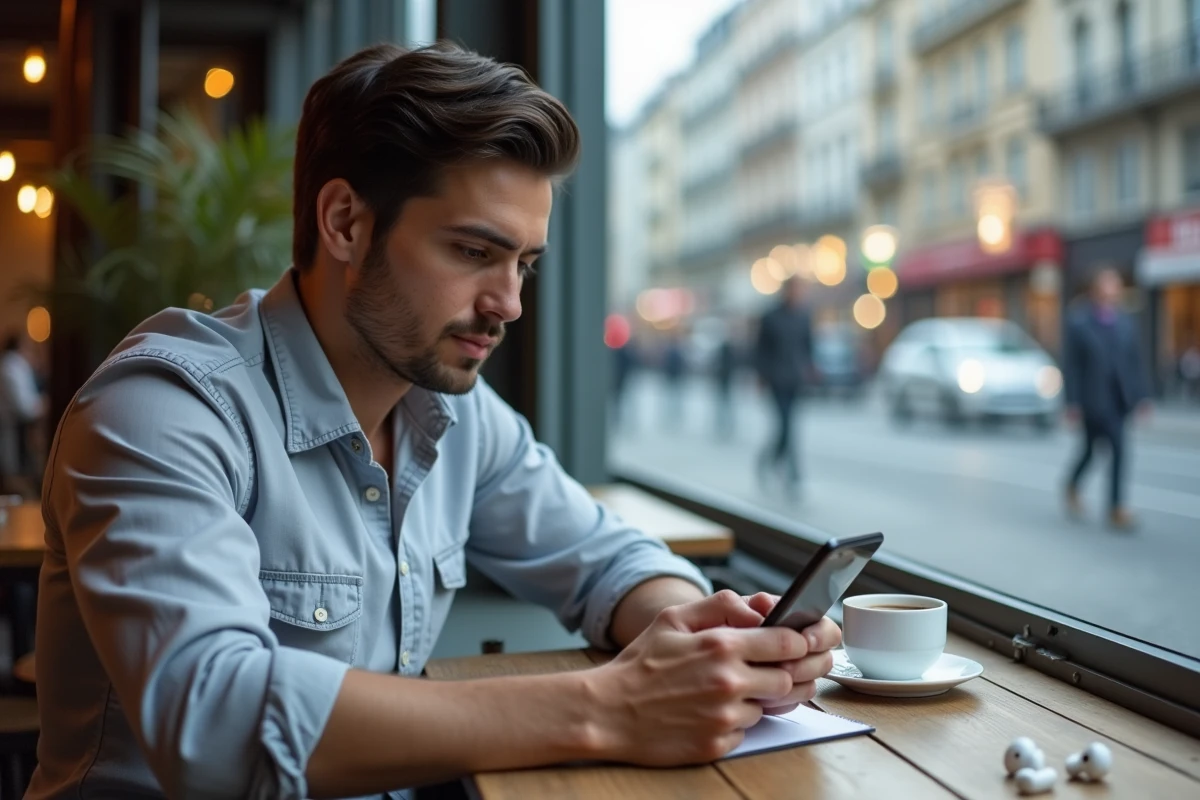 Homme au café regardant une application de conversion audio sur smartphone