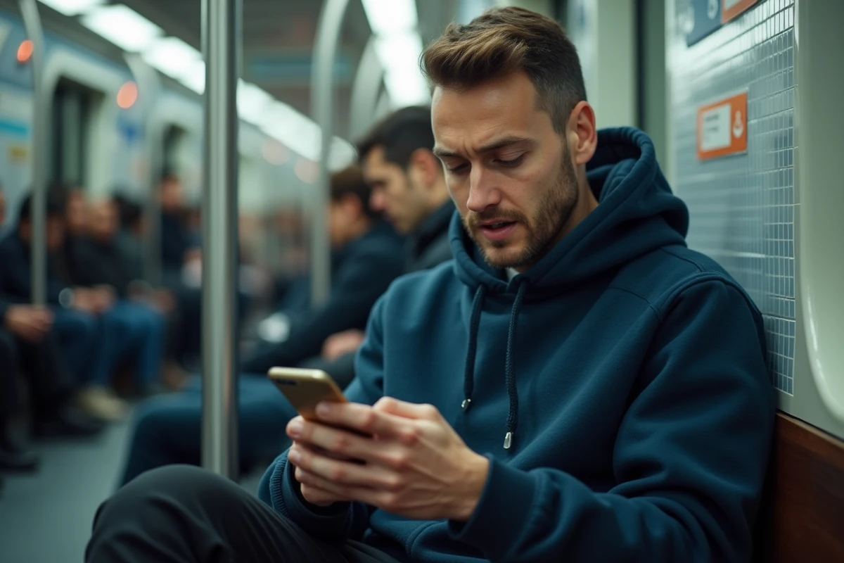 Homme consultant des stories Instagram anonymement sur son téléphone dans les transports en commun urbains