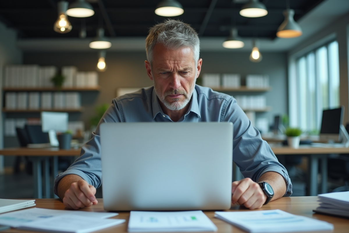 Homme d'affaires stressé devant un ordinateur en bureau
