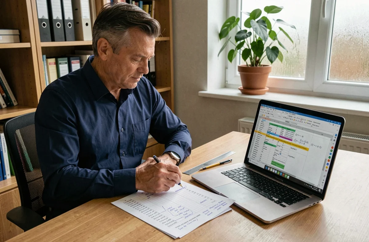 Homme comparant un tableau Excel imprimé et une formule de moyenne pondérée sur écran dans un bureau à domicile