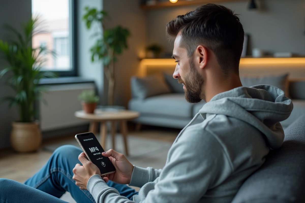 Homme écoutant et téléchargeant des fichiers MP3 et MP4 sur smartphone dans un salon moderne