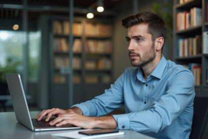 Homme concentré au bureau avec ordinateur et livres