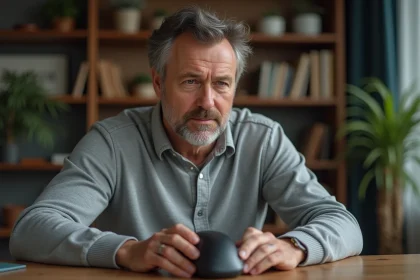 Homme d'âge moyen utilisant une souris noire dans un bureau organisé