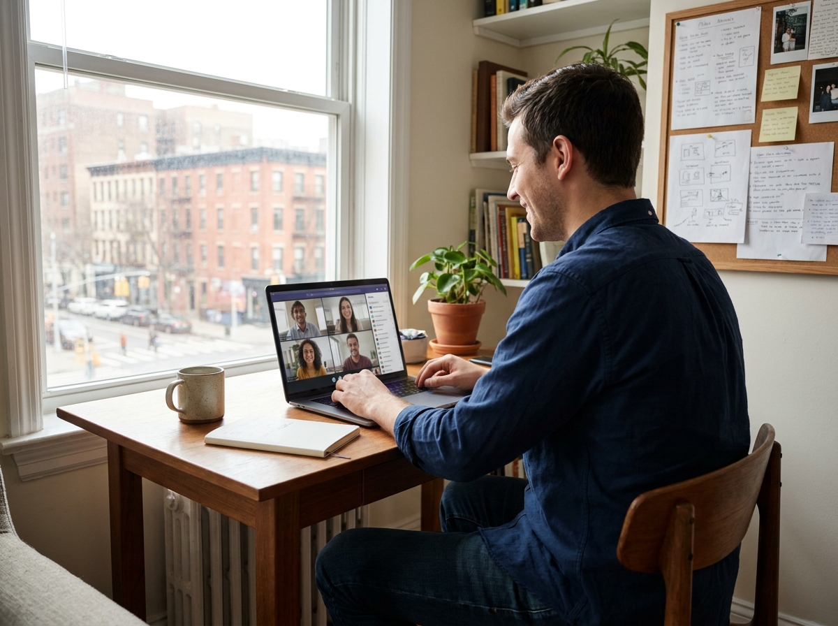 Homme en visioconference dans un coin de son bureau