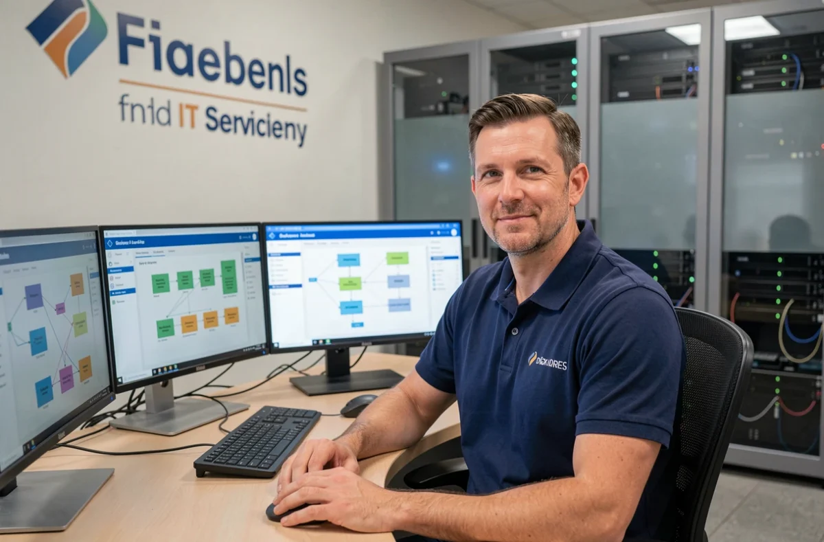 Technicien informatique d'IMS Entreprises à son bureau avec plusieurs écrans de monitoring réseau