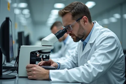 Ingénieur électronique examinant une plaquette semiconducteur sous microscope optique dans une salle blanche, analyse des points de vigilance pour les puces sous-bump metal