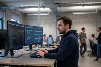 Ingénieur DevOps travaillant sur des pipelines CI/CD dans un bureau moderne avec deux écrans affichant des tableaux de bord techniques
