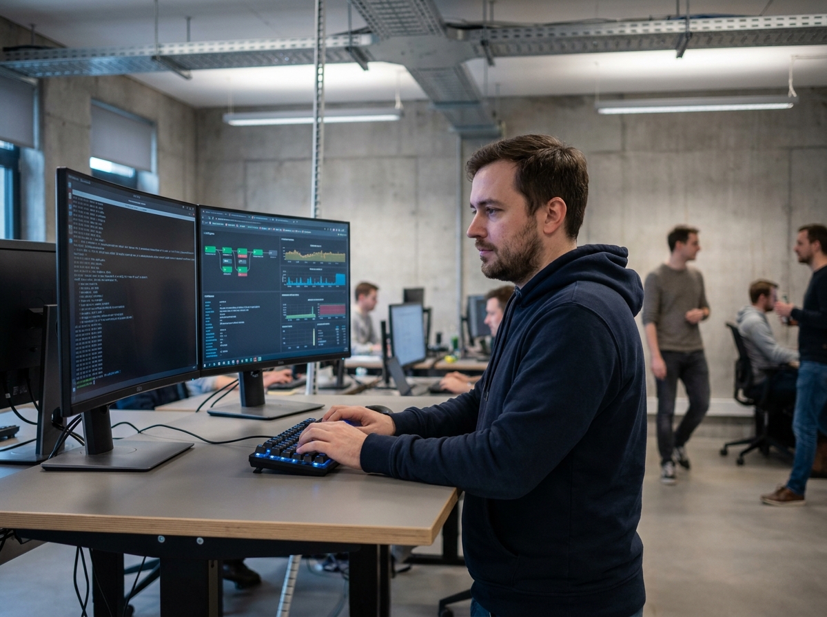 Ingénieur DevOps travaillant sur des pipelines CI/CD dans un bureau moderne avec deux écrans affichant des tableaux de bord techniques