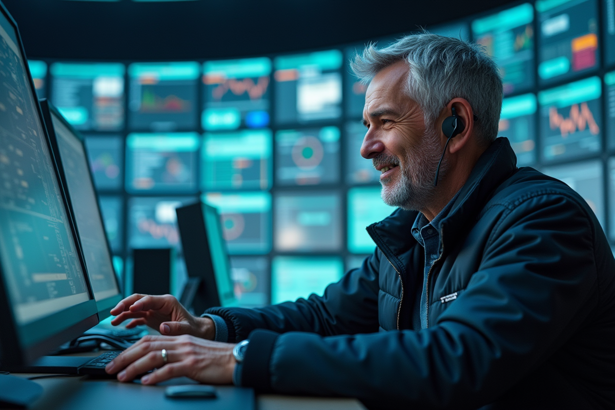 Ingénieur homme utilisant un terminal high-tech en centre de contrôle