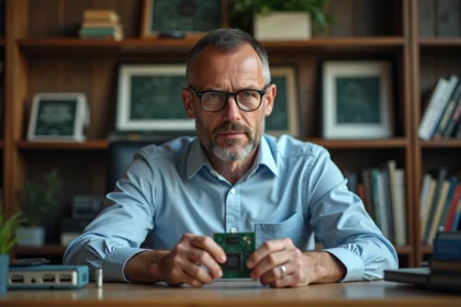 Ingénieur homme examinant une carte SSD ancienne dans son bureau