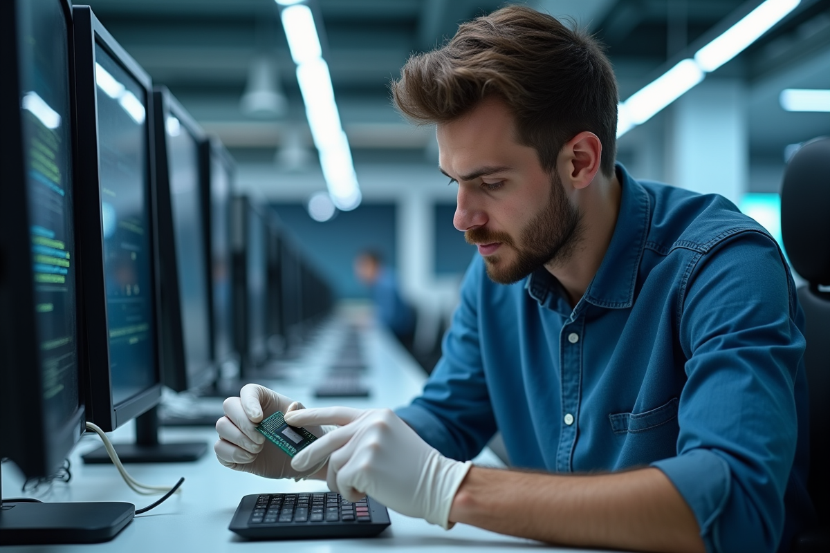 Jeune ingénieur examinant un processeur dernier cri