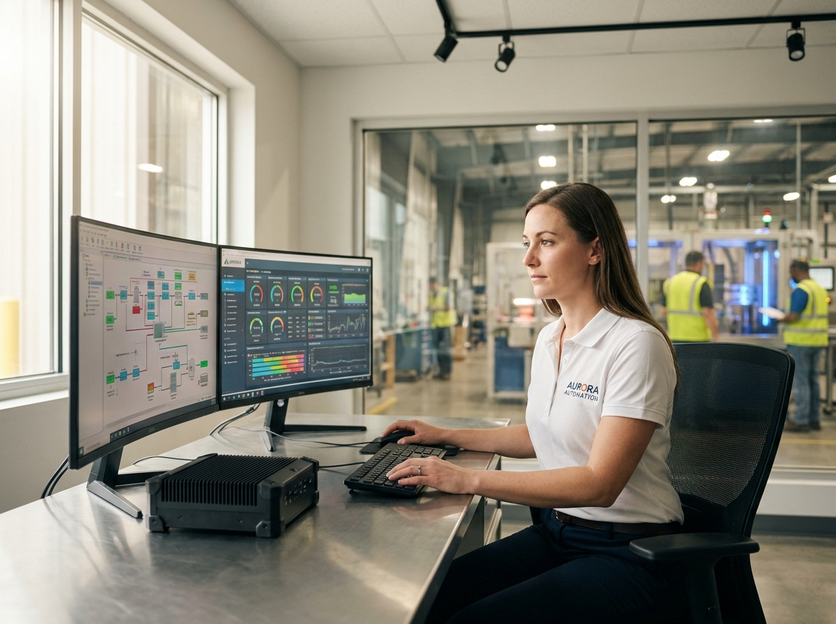 Ingénieure en automatisation travaillant sur un PC fanless dans une salle de contrôle industrielle