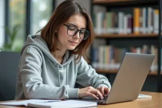 Étudiante effectuant son inscription en ligne sur un portail universitaire depuis la bibliothèque