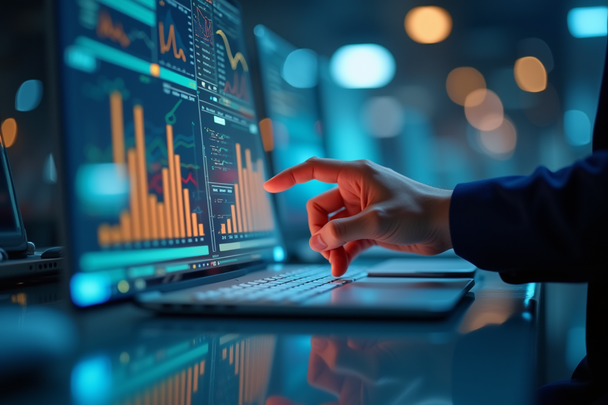 Mains manipulant une interface digitale de données analytiques