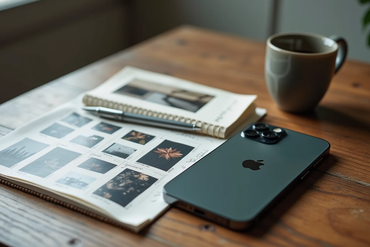 iPhone 15 posé sur un bureau de photographe avec des tirages de tests et des notes, analyse du capteur photo