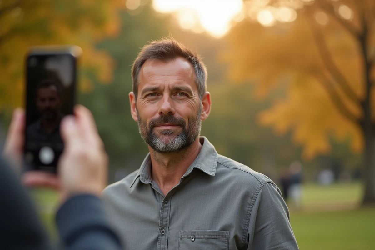 Portrait d'un homme testé en mode portrait sur iPhone 15 avec bokeh naturel dans un parc en automne