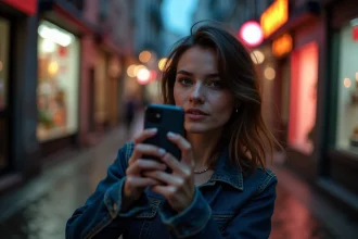 Femme tenant un iPhone 15 dans une rue urbaine de nuit, testant la photographie nocturne sur smartphone