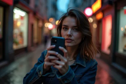 Femme tenant un iPhone 15 dans une rue urbaine de nuit, testant la photographie nocturne sur smartphone