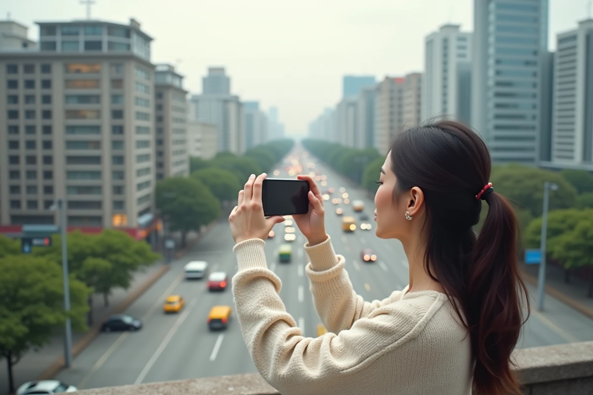 Jeune femme filmant en vidéo avec un iPhone 15 depuis une terrasse urbaine, test de la qualité vidéo du smartphone