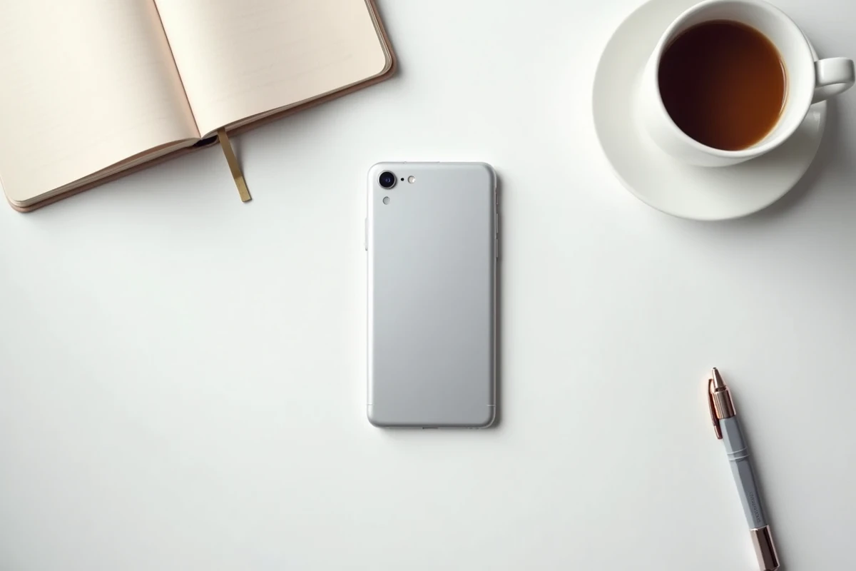iPhone SE posé sur un bureau minimaliste avec carnet et tasse à café, vue de dessus